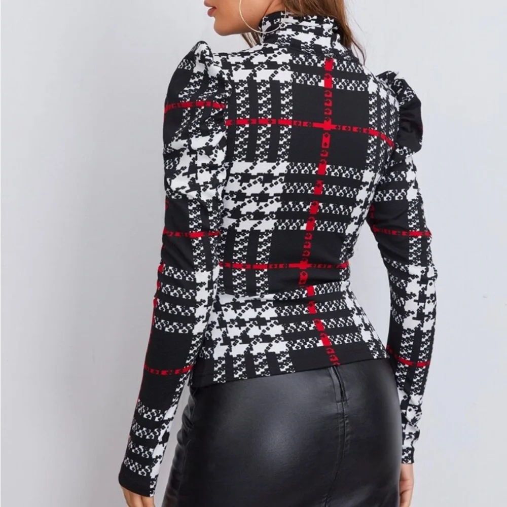 Elegant Plaid FITTED Print Long Puff Sleeve High Neck Top Blouse - Picture 3 of 6